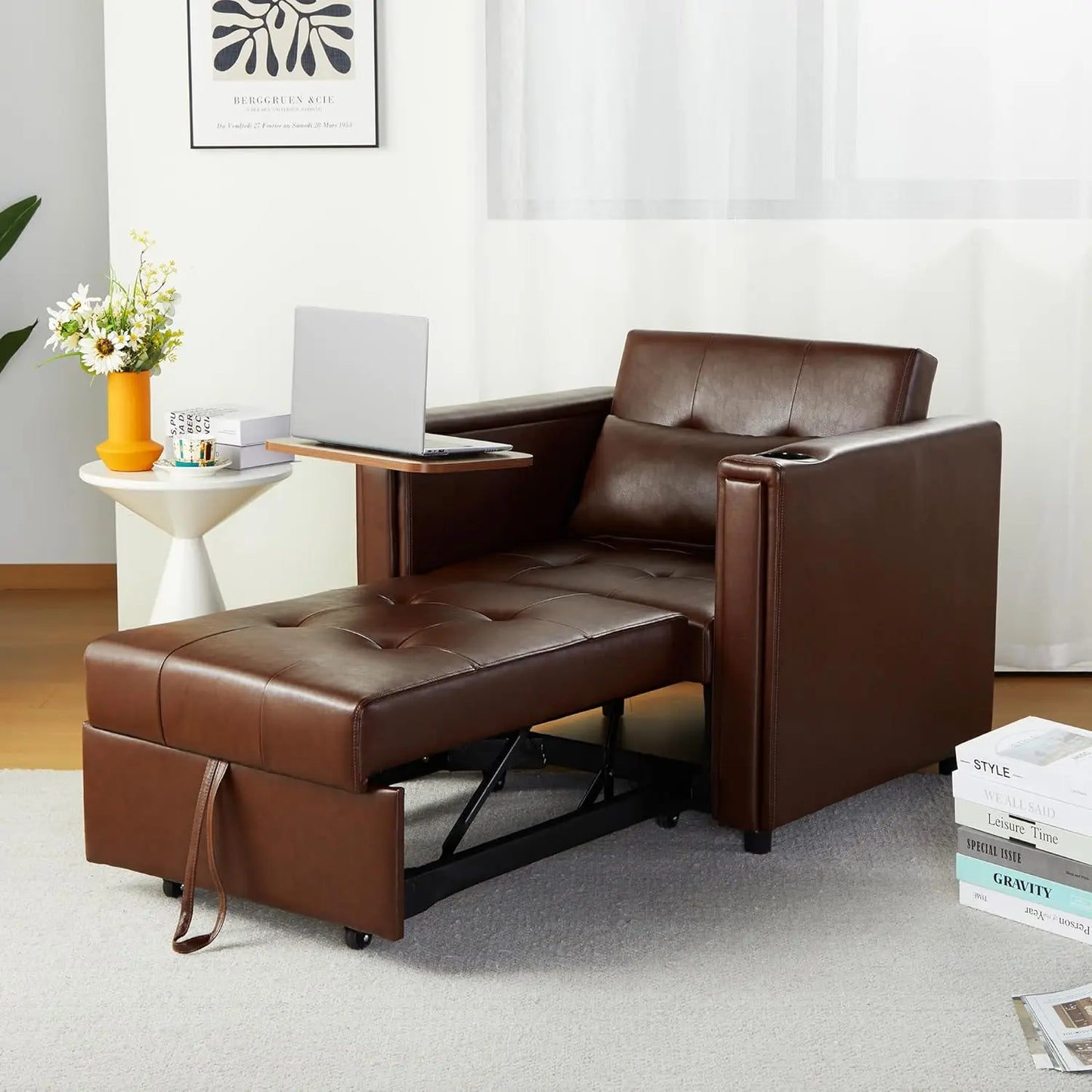 Convertible Sofa Bed 3-in-1 Multi-Functional Faux Leather Sleeper Couch