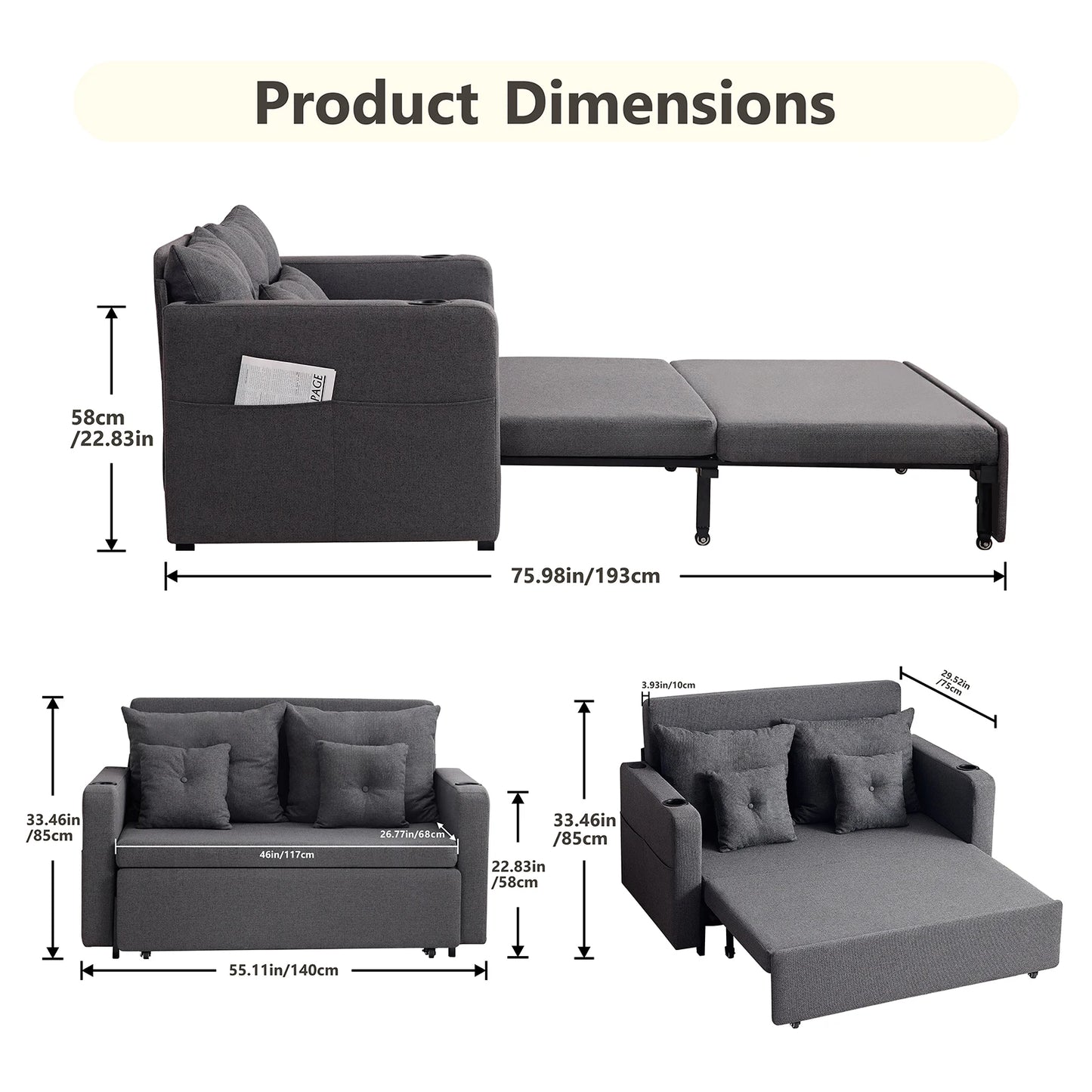 2-Seater Loveseat w/ Pullout Bed 4 Pillows for Living Room