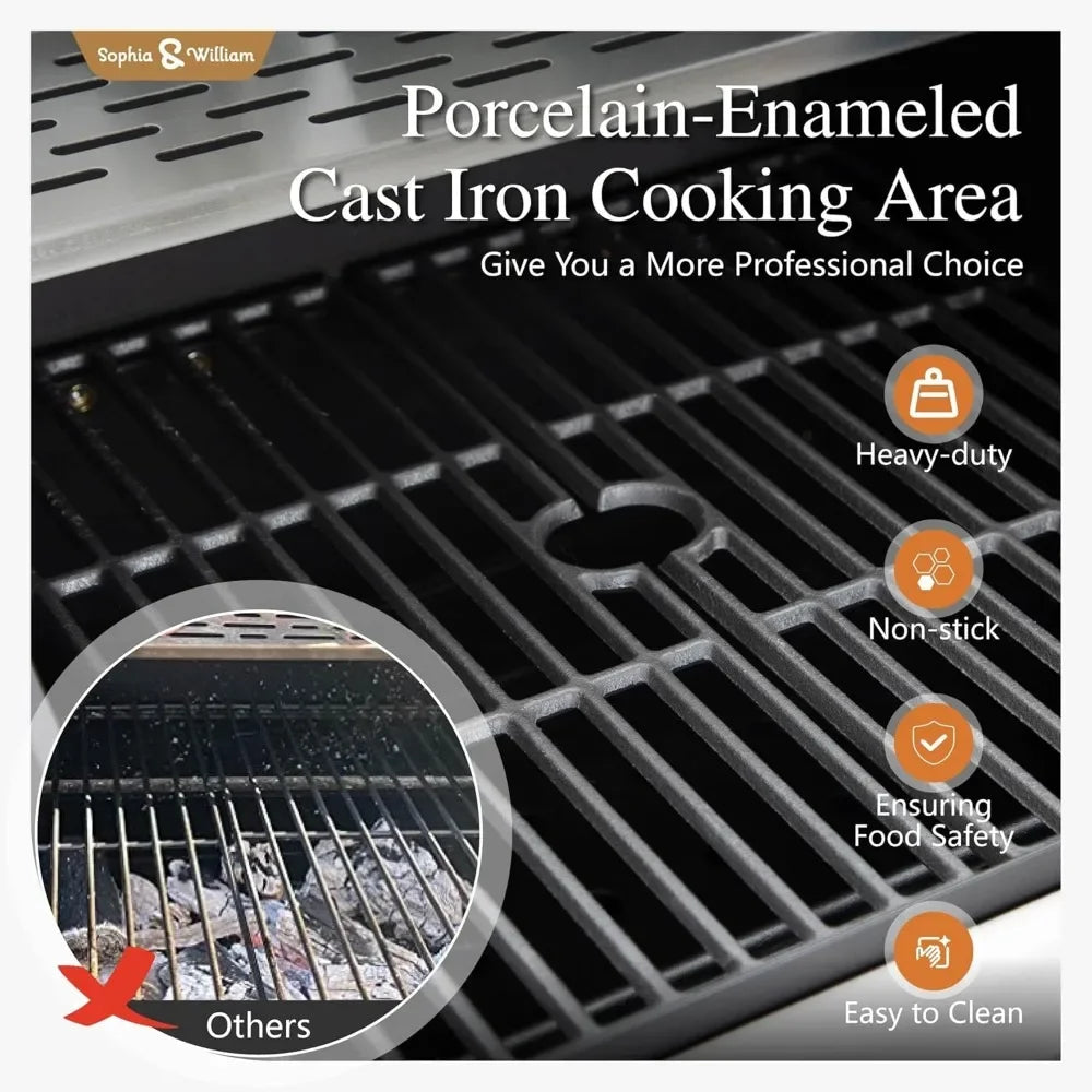 Charcoal and Propane Gas Grill Combo with Side Burner & Porcelain-Enameled Cast Iron Grate