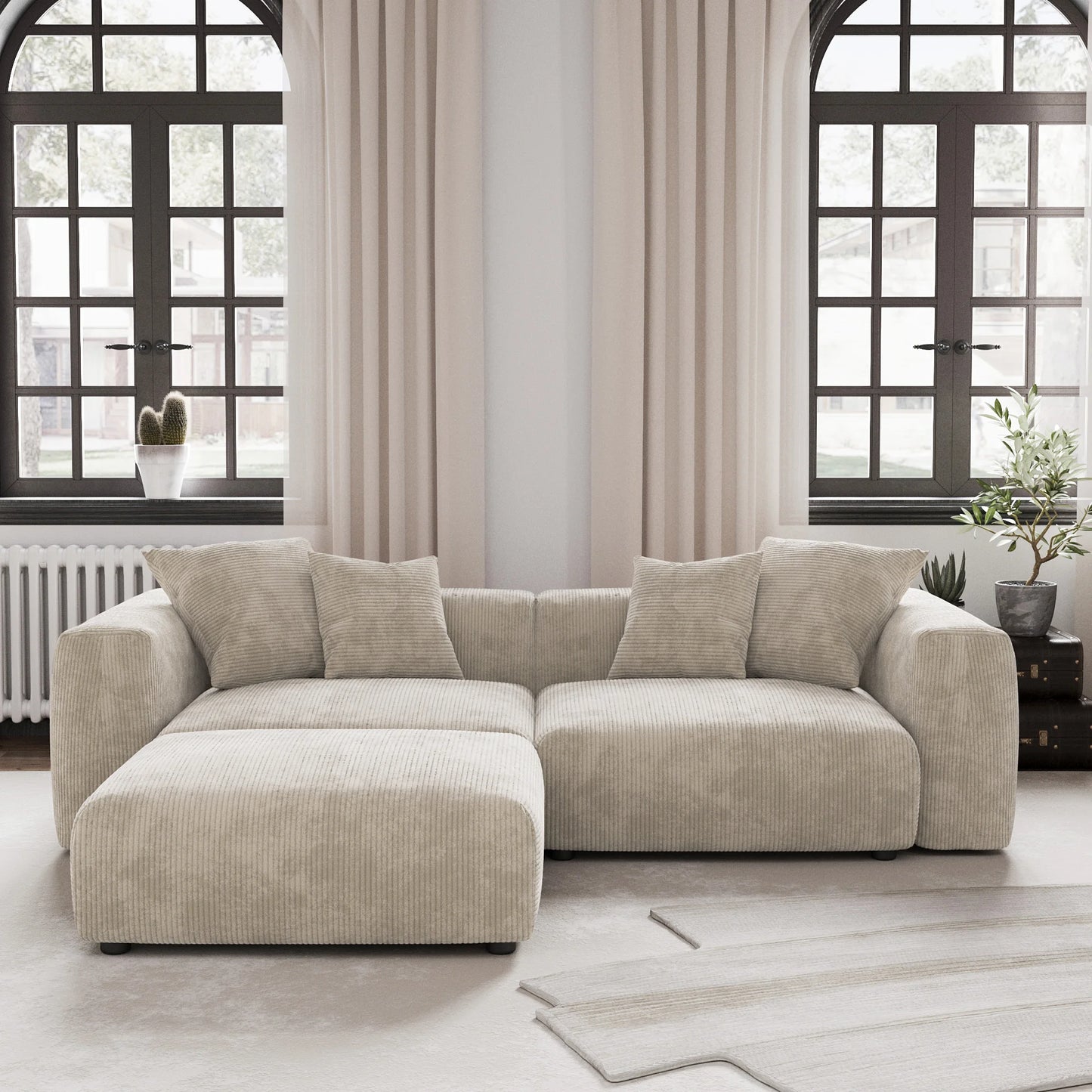 Modern Corduroy Fabric Sectional Couch with 4 Pillows 102"
