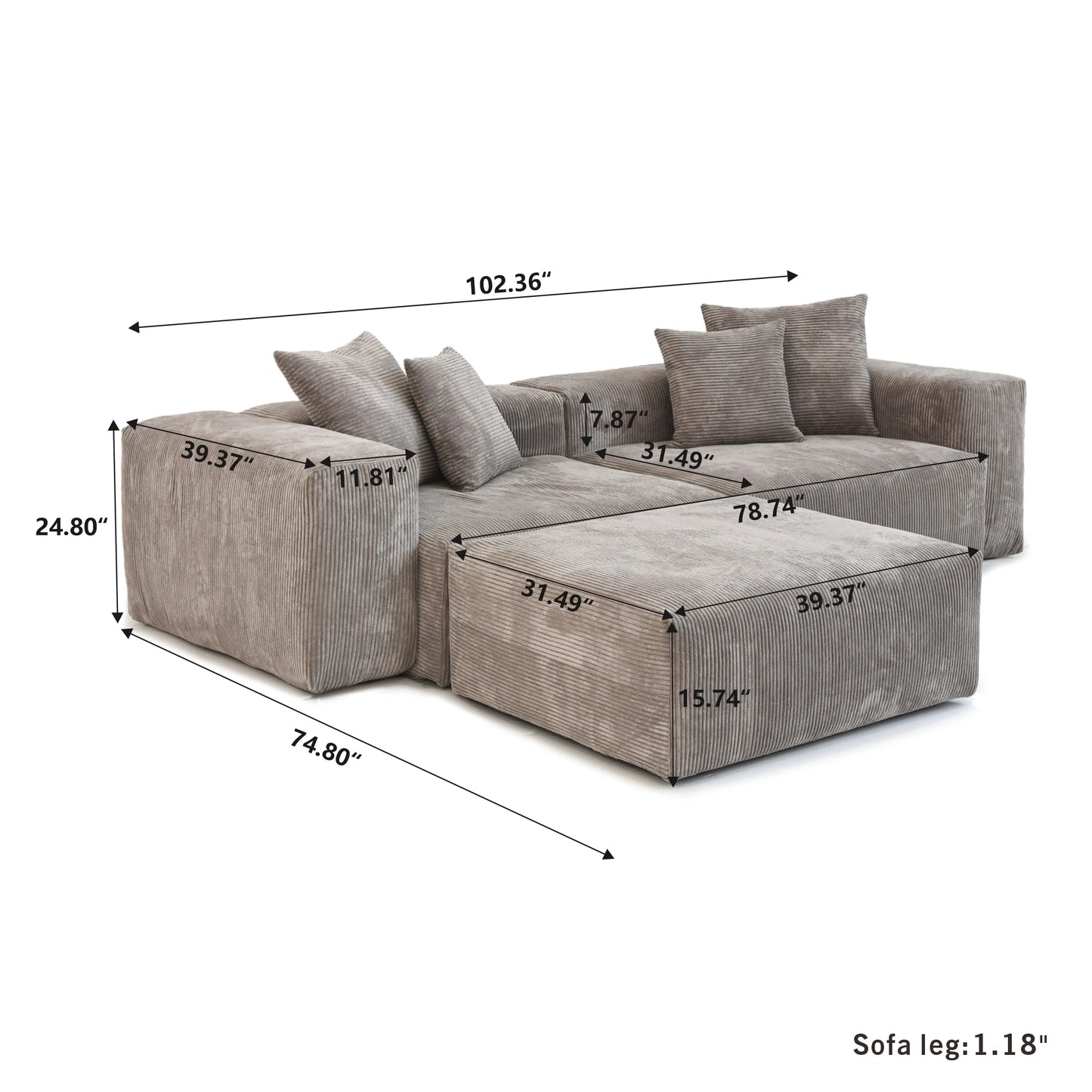 Modern Corduroy Fabric Sectional Couch with 4 Pillows 102"