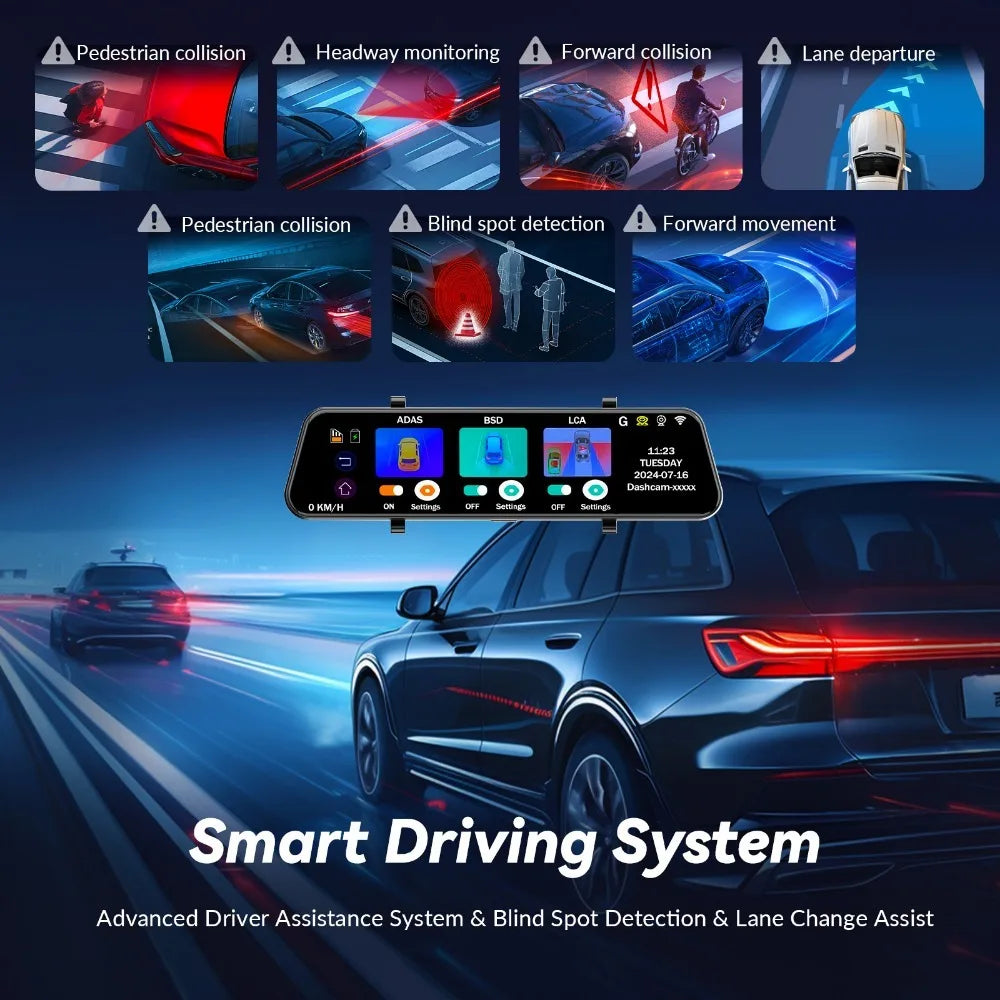 4K Dash Cam 12 Inch ADAS Car DVR with External GPS Support
