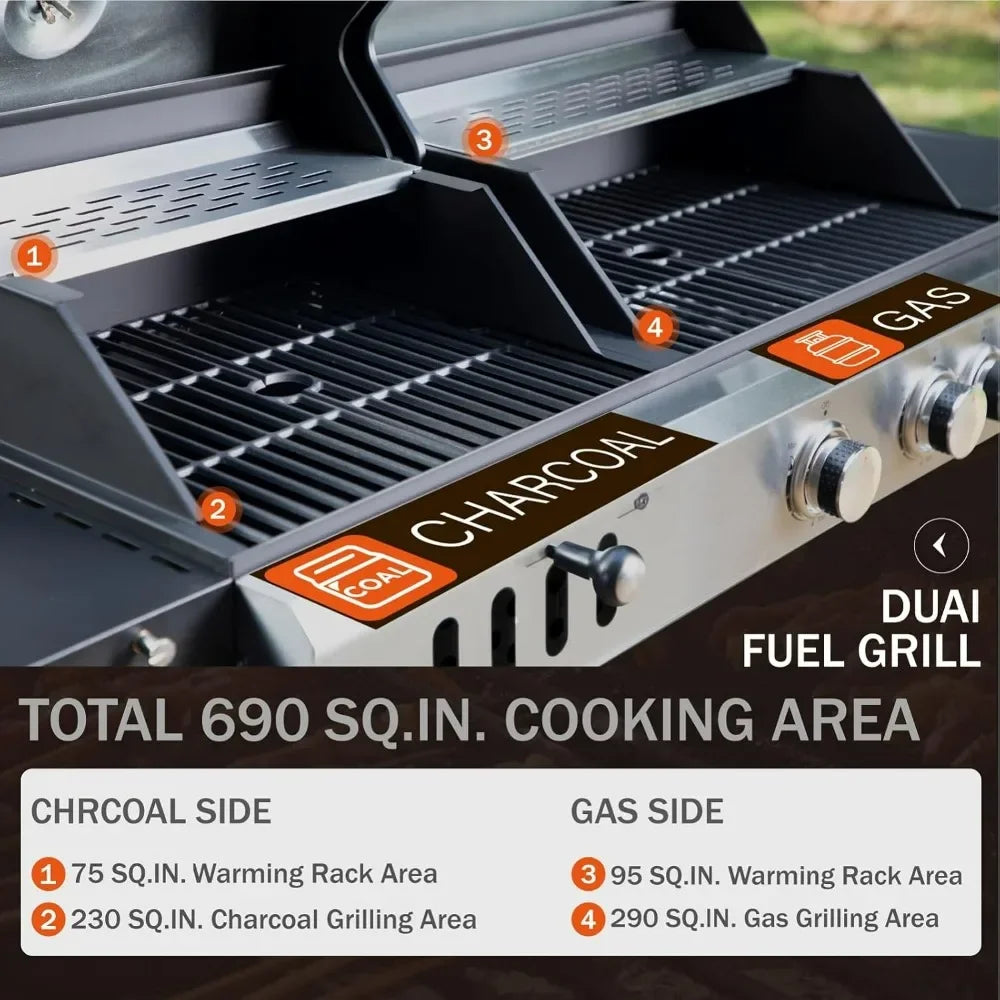 Charcoal and Propane Gas Grill Combo with Side Burner & Porcelain-Enameled Cast Iron Grate