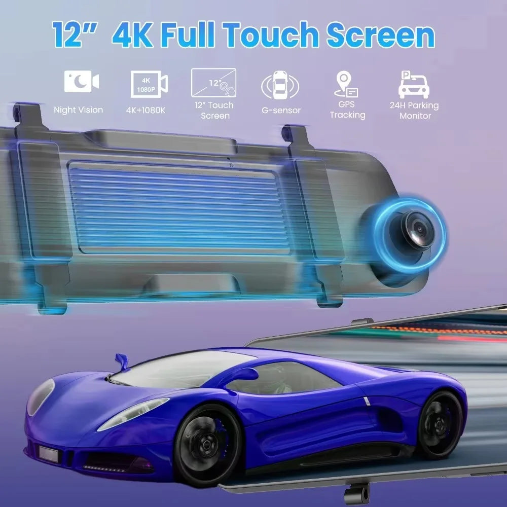 4K Dash Cam 12 Inch ADAS Car DVR with External GPS Support