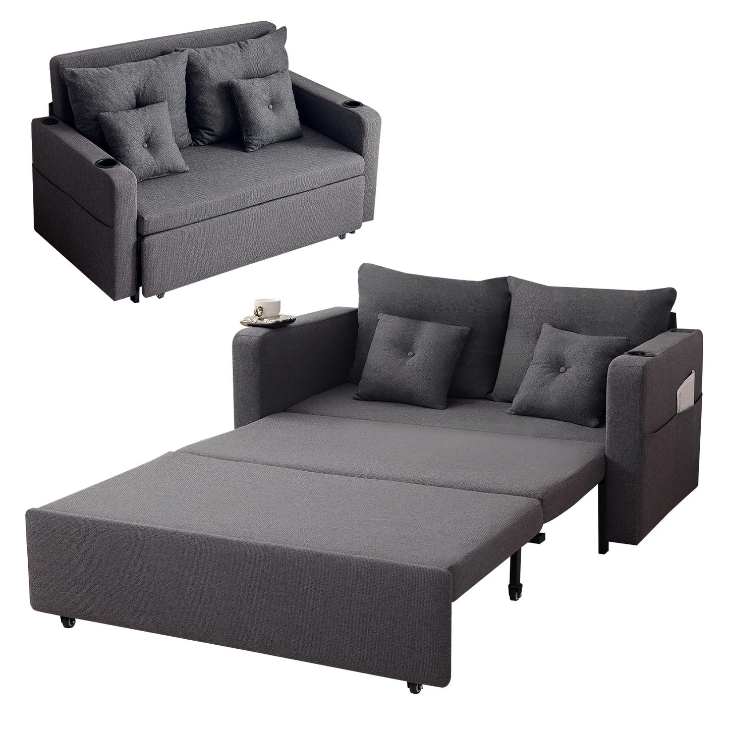 2-Seater Loveseat w/ Pullout Bed 4 Pillows for Living Room