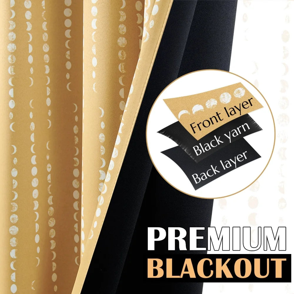 100% Blackout Boho Moon Phases Bedroom Curtains 84 Inches Long Set 2 Panels