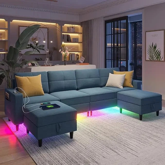Oversized U Shaped Sofa Couch with Auto Sensor RGB Lights