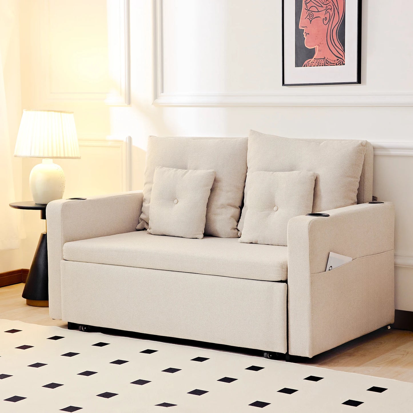 2-Seater Loveseat w/ Pullout Bed 4 Pillows for Living Room