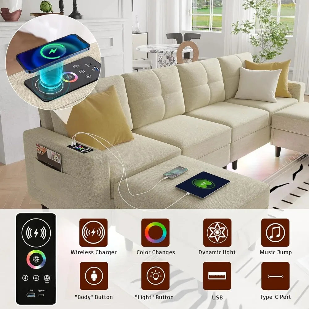 Oversized U Shaped Sofa Couch with Auto Sensor RGB Lights