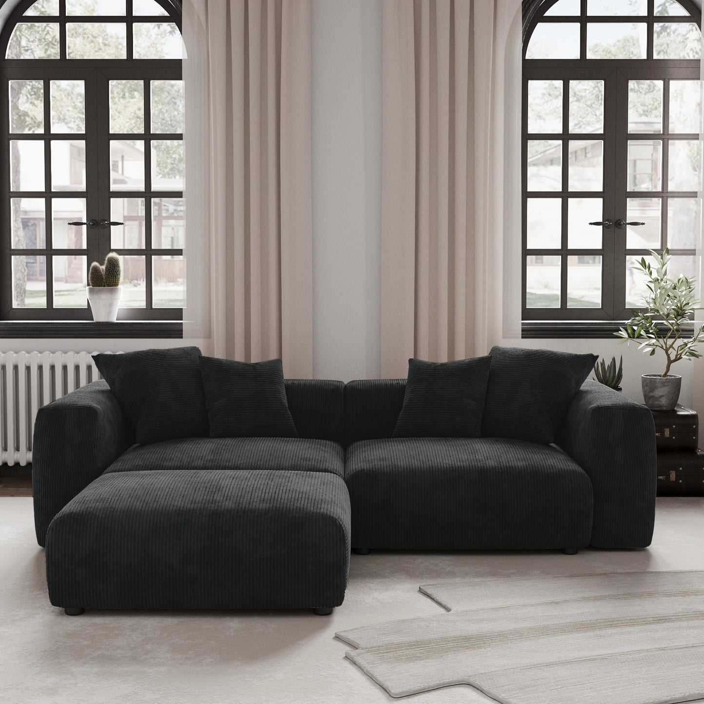 Modern Corduroy Fabric Sectional Couch with 4 Pillows 102"