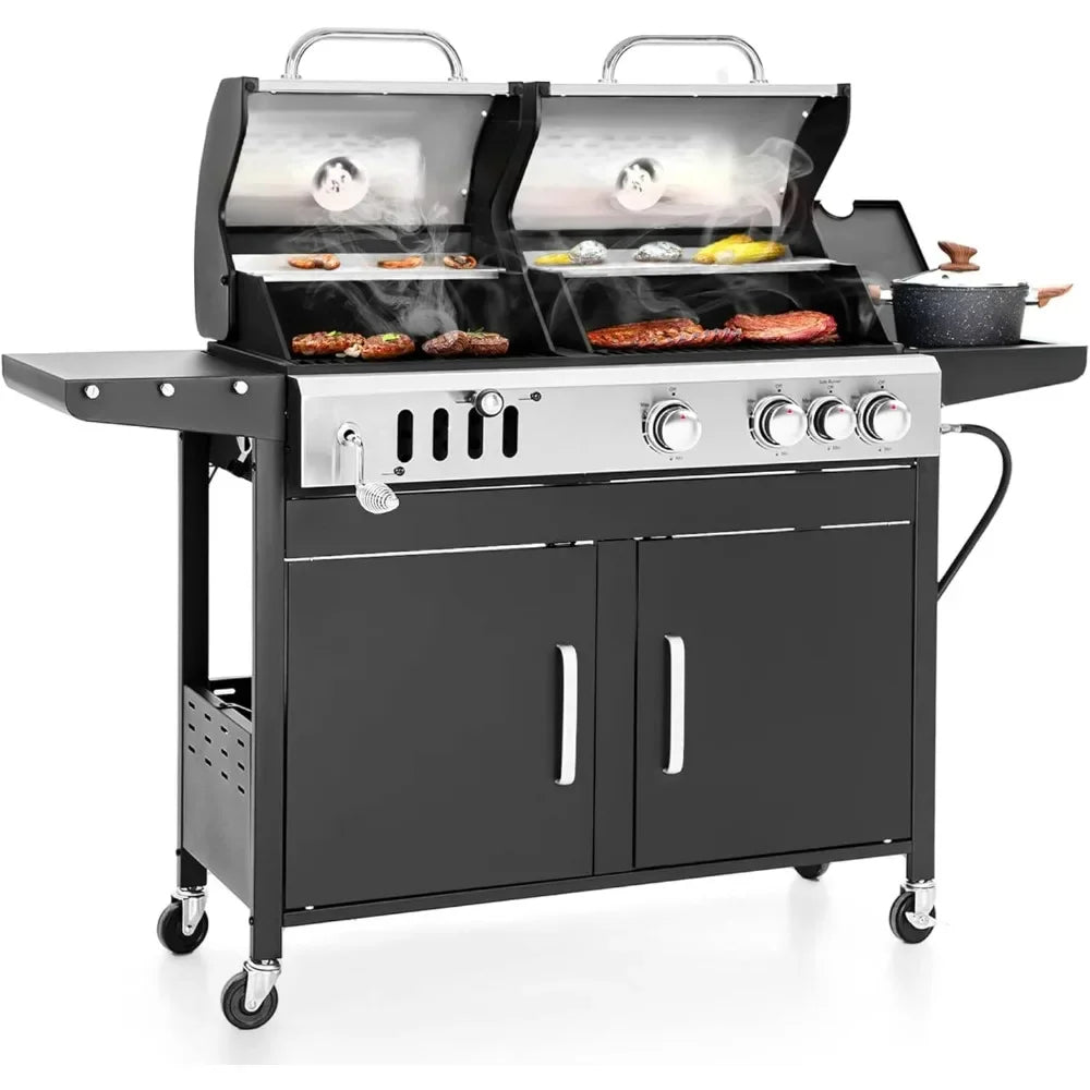 Charcoal and Propane Gas Grill Combo with Side Burner & Porcelain-Enameled Cast Iron Grate