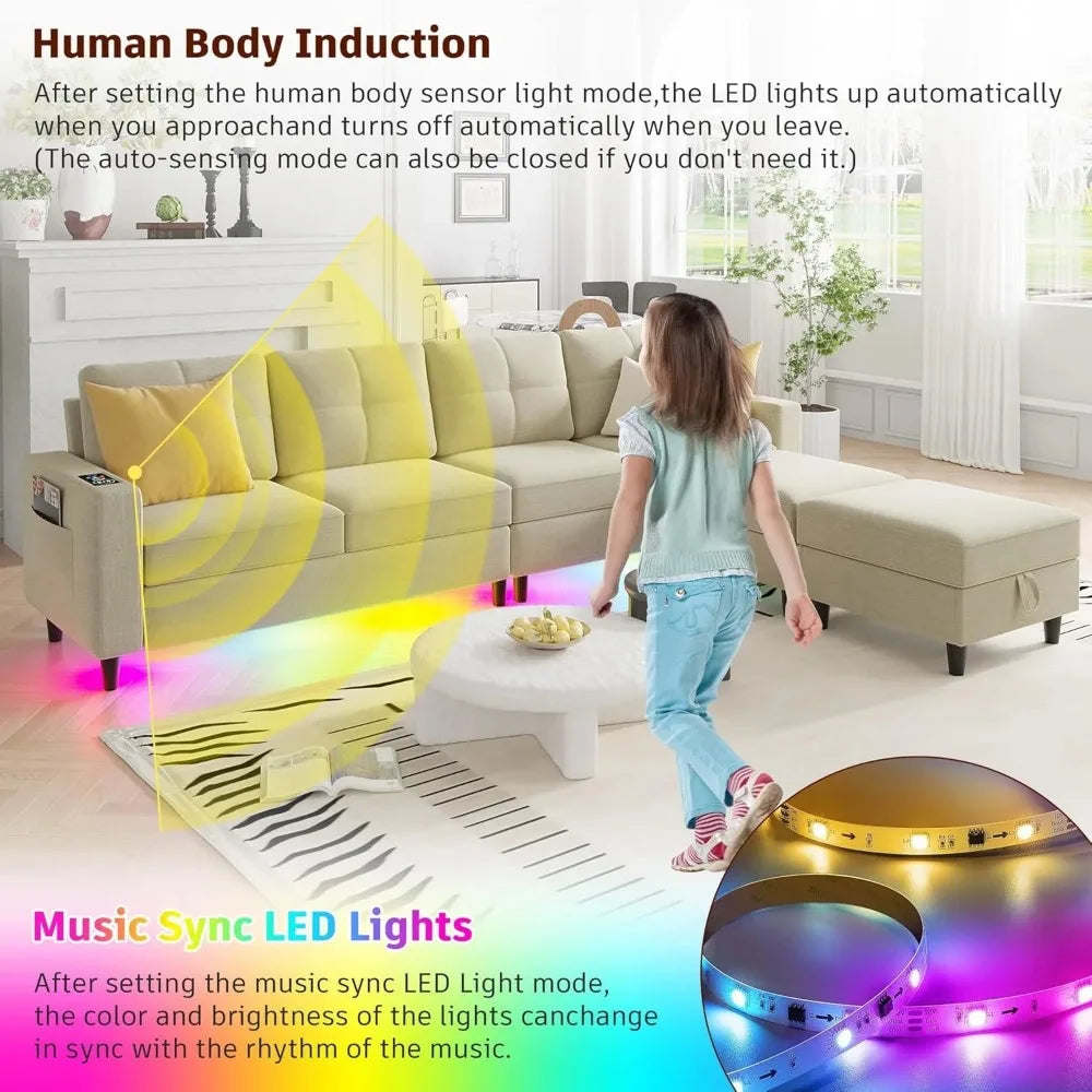 Oversized U Shaped Sofa Couch with Auto Sensor RGB Lights