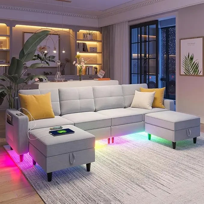 Oversized U Shaped Sofa Couch with Auto Sensor RGB Lights