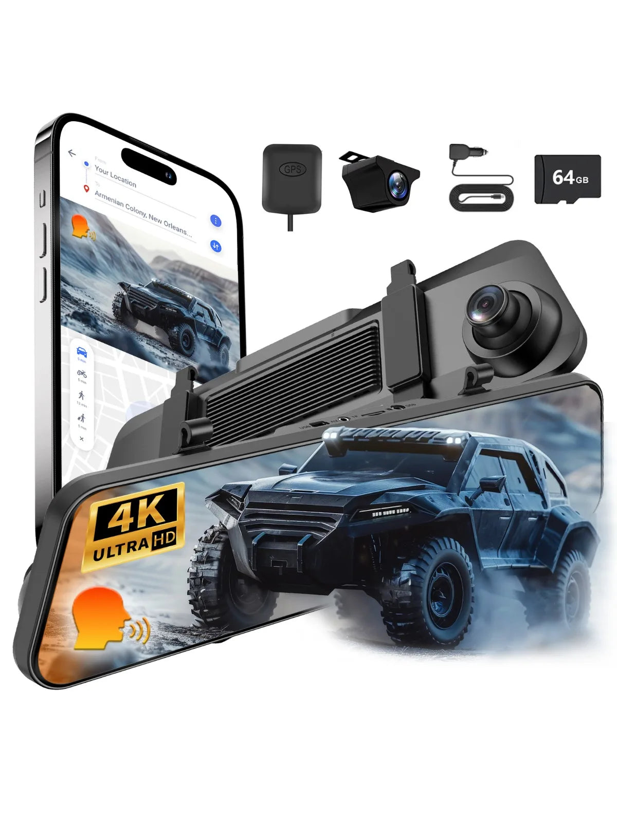4K Dash Cam 12 Inch ADAS Car DVR with External GPS Support