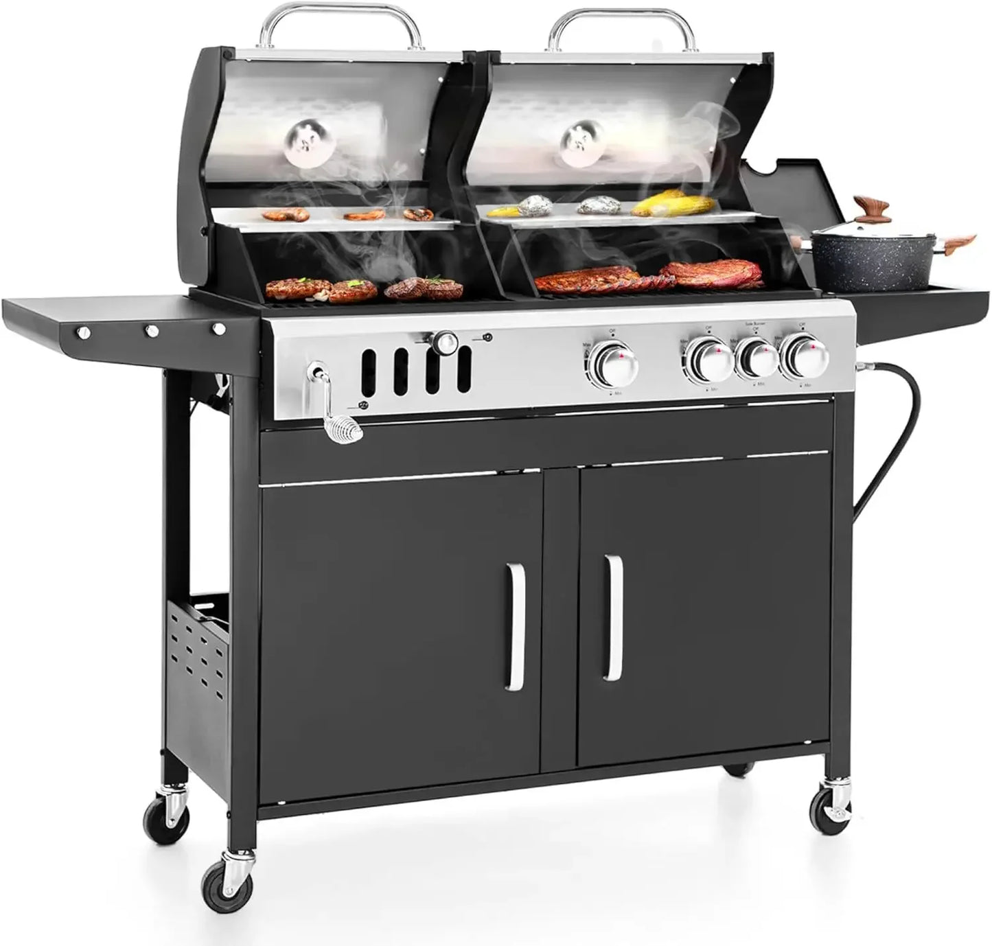 Charcoal and Propane Gas Grill Combo with Side Burner & Porcelain-Enameled Cast Iron Grate