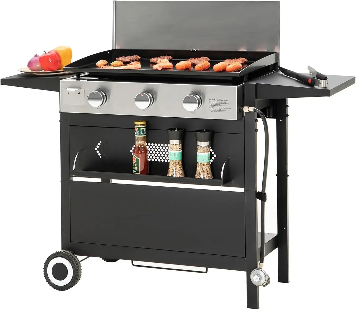 Charcoal and Propane Gas Grill Combo with Side Burner & Porcelain-Enameled Cast Iron Grate