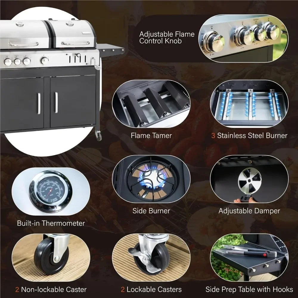 Charcoal and Propane Gas Grill Combo with Side Burner & Porcelain-Enameled Cast Iron Grate