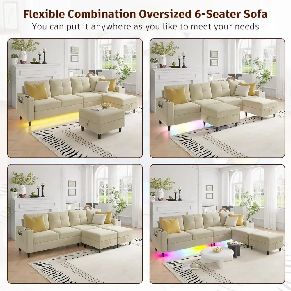 Oversized U Shaped Sofa Couch with Auto Sensor RGB Lights