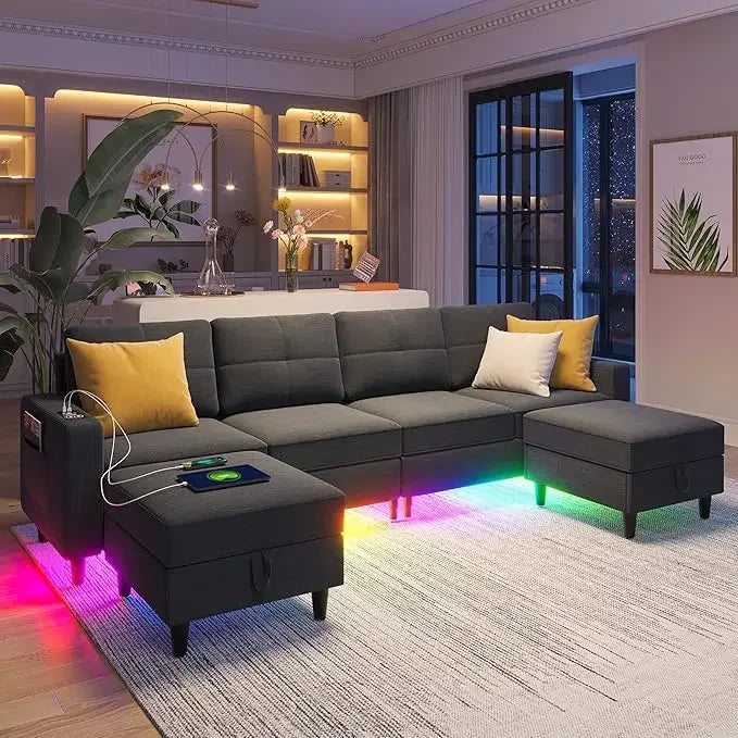 Oversized U Shaped Sofa Couch with Auto Sensor RGB Lights