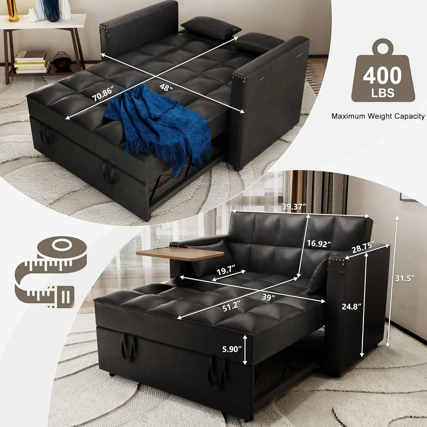 Convertible Sofa Bed 3-in-1 Multi-Functional Faux Leather Sleeper Couch