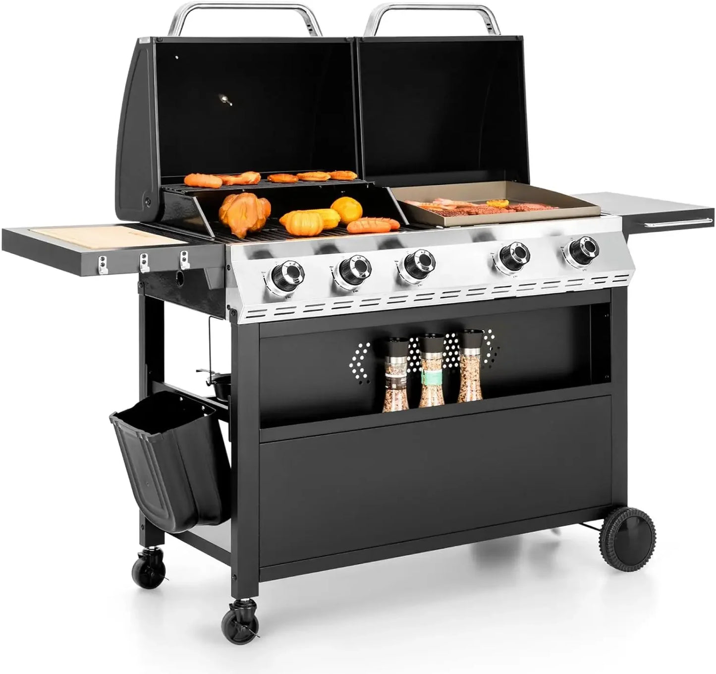 Charcoal and Propane Gas Grill Combo with Side Burner & Porcelain-Enameled Cast Iron Grate