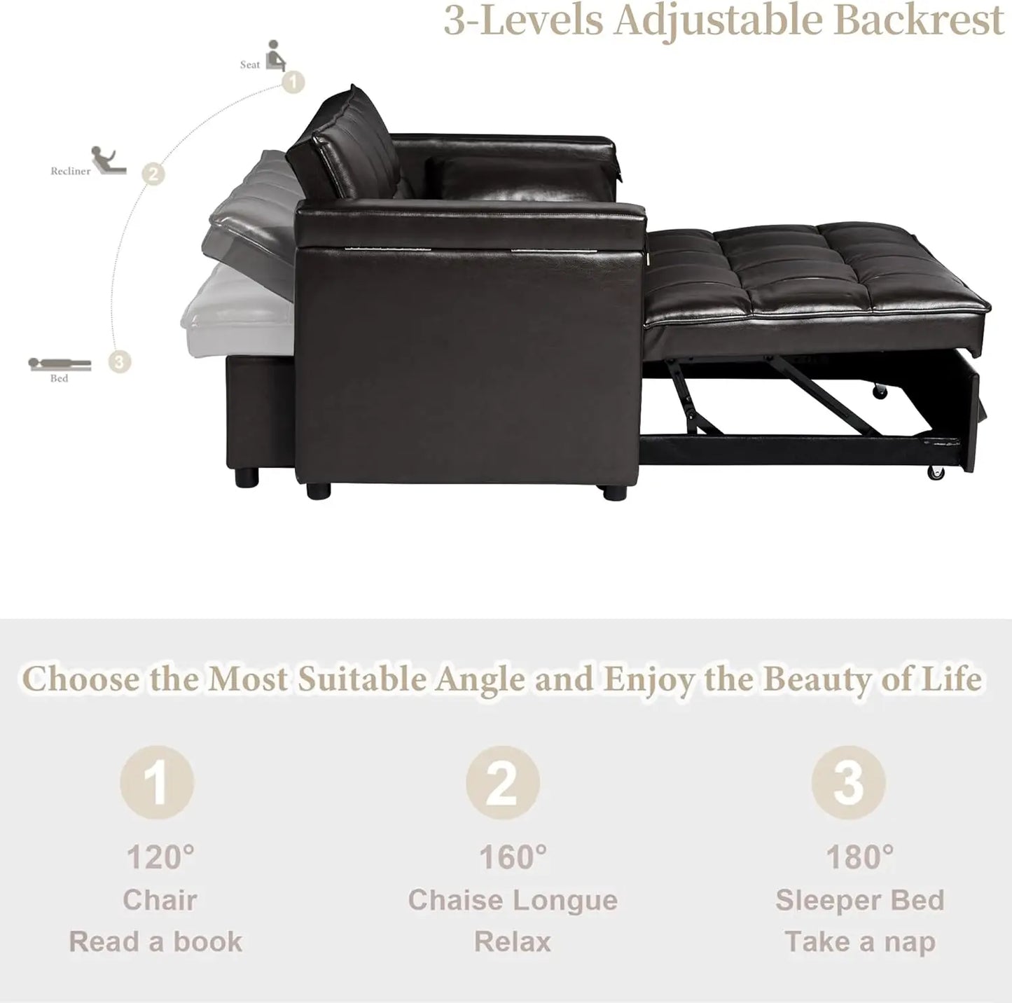 Convertible Sofa Bed 3-in-1 Multi-Functional Faux Leather Sleeper Couch