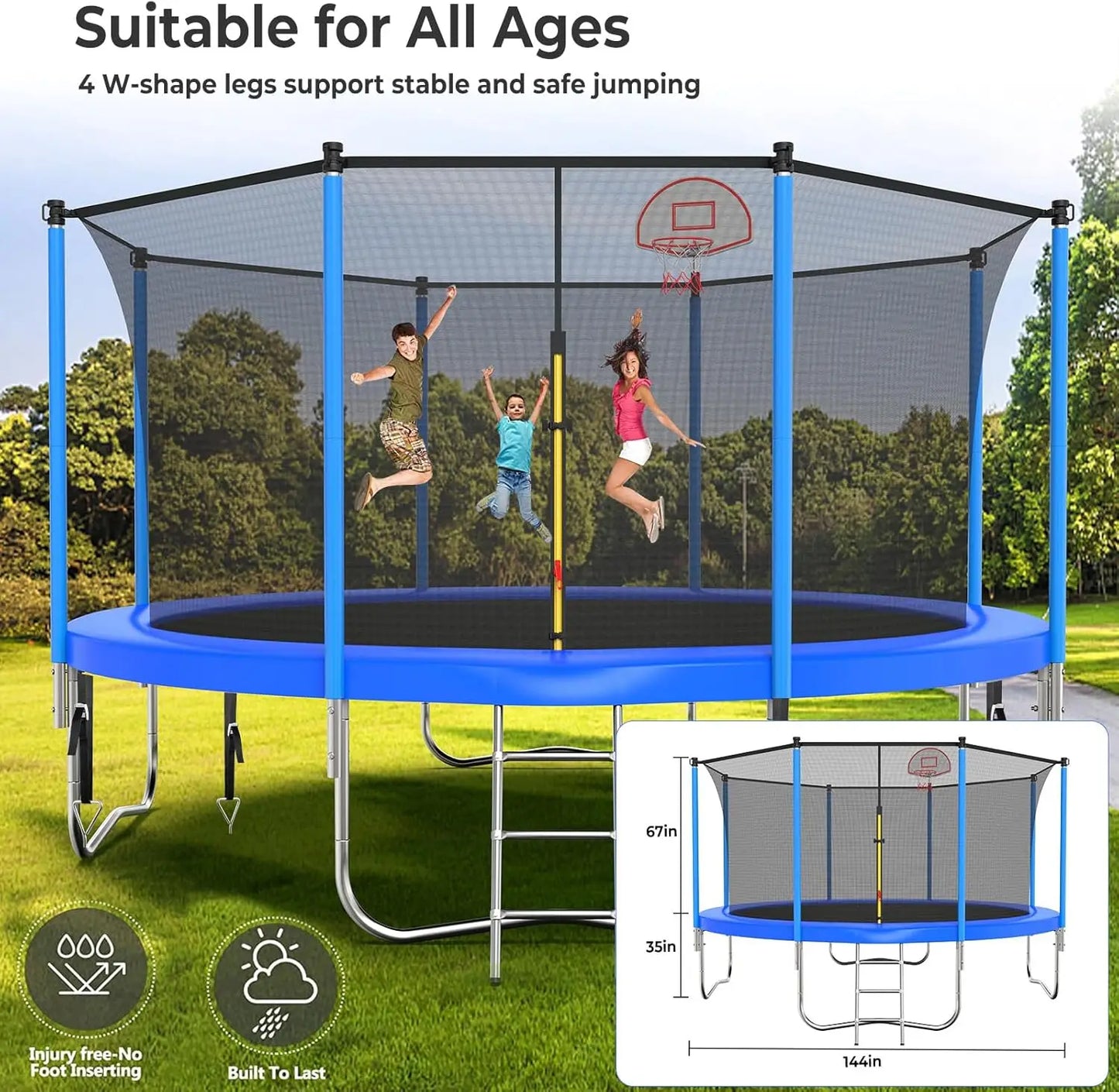 Large Kids Trampoline with Light, Stakes, Sprinkler