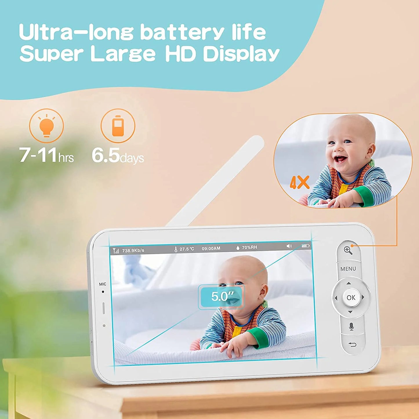 3MP Baby Monitor  HD 5 Inch LCD Two Way Talk Lullabies For New Born