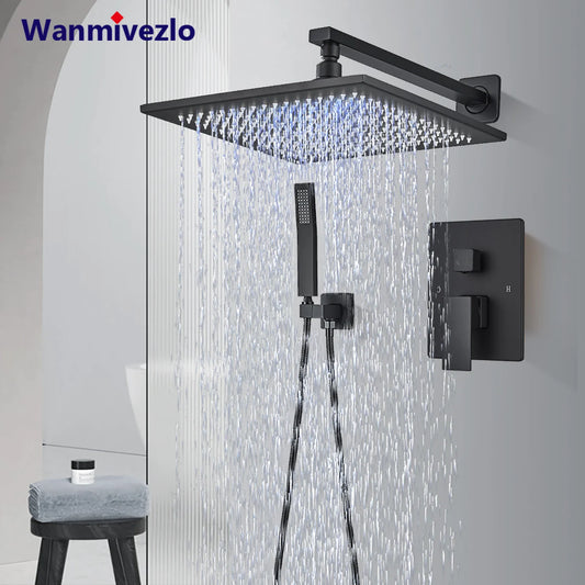 Matte Black LED  Bathroom Showe Faucet Rainfall Shower Head Bath Water Faucet Wall Mounted Bathtub Shower Mixer Tap Shower Set