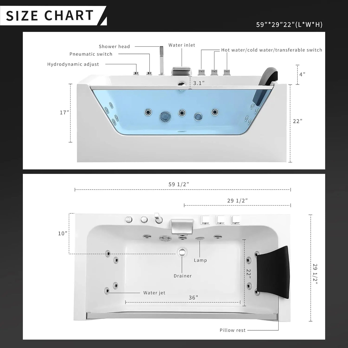 Jetted Tub with Light SPA Hydromassage with Chromatherapy