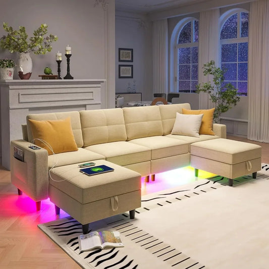 Oversized U Shaped Sofa Couch with Auto Sensor RGB Lights