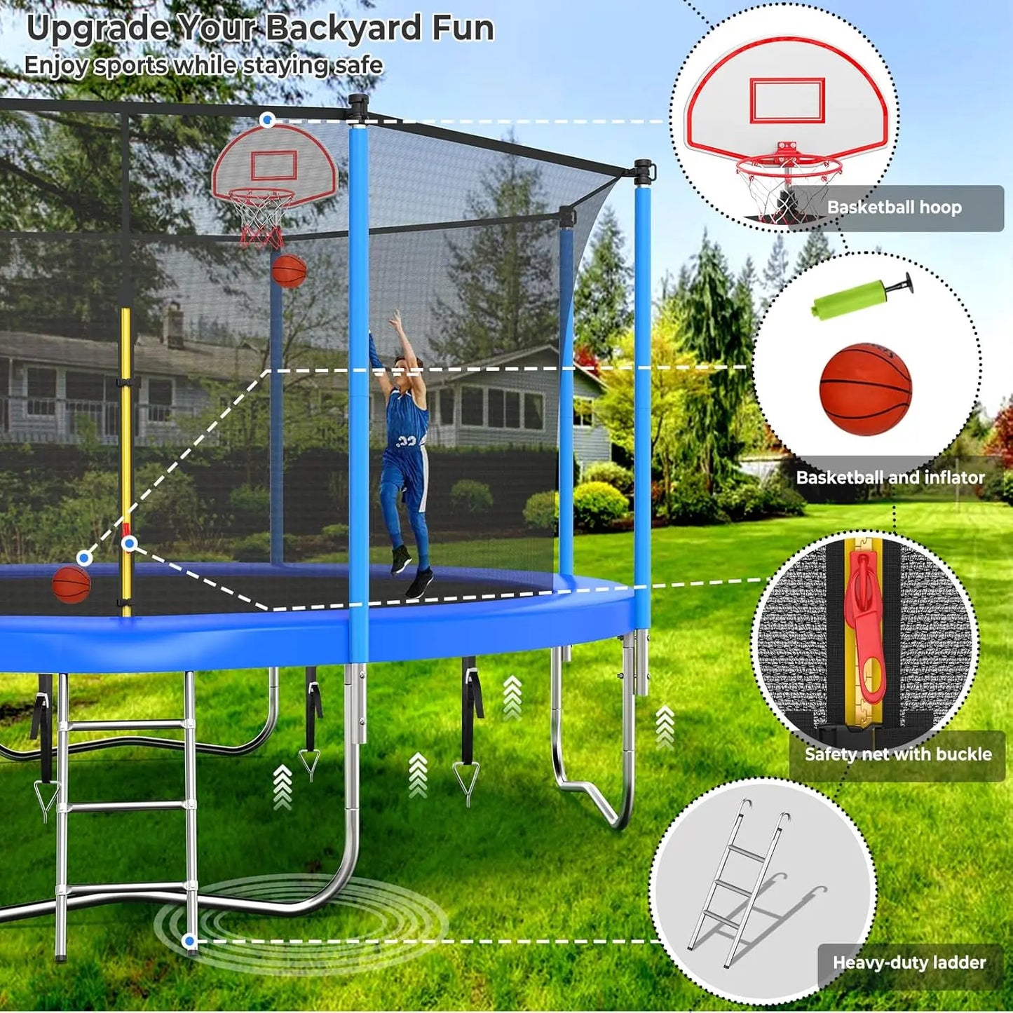 Large Kids Trampoline with Light, Stakes, Sprinkler