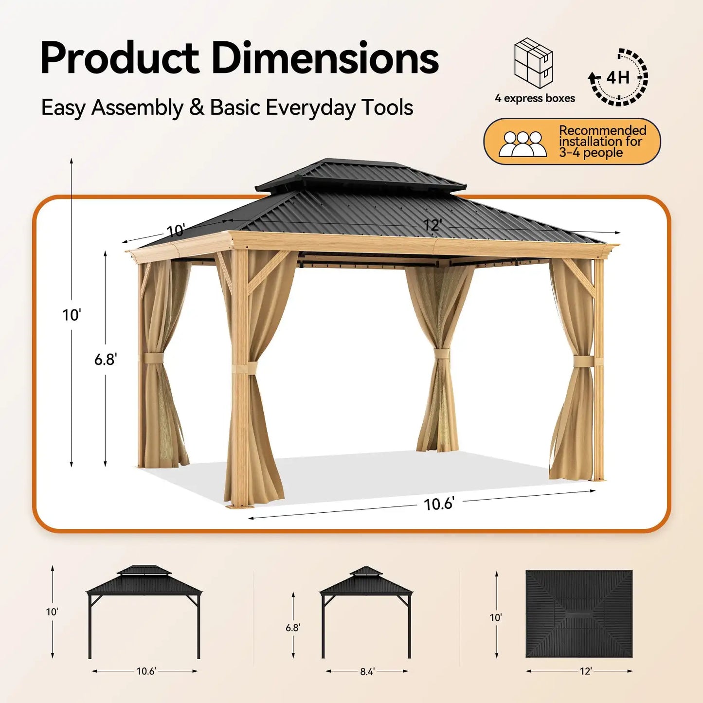 10X12 Finish Coated Aluminum Frame Gazebo with Galvanized Steel Double Metal Roof