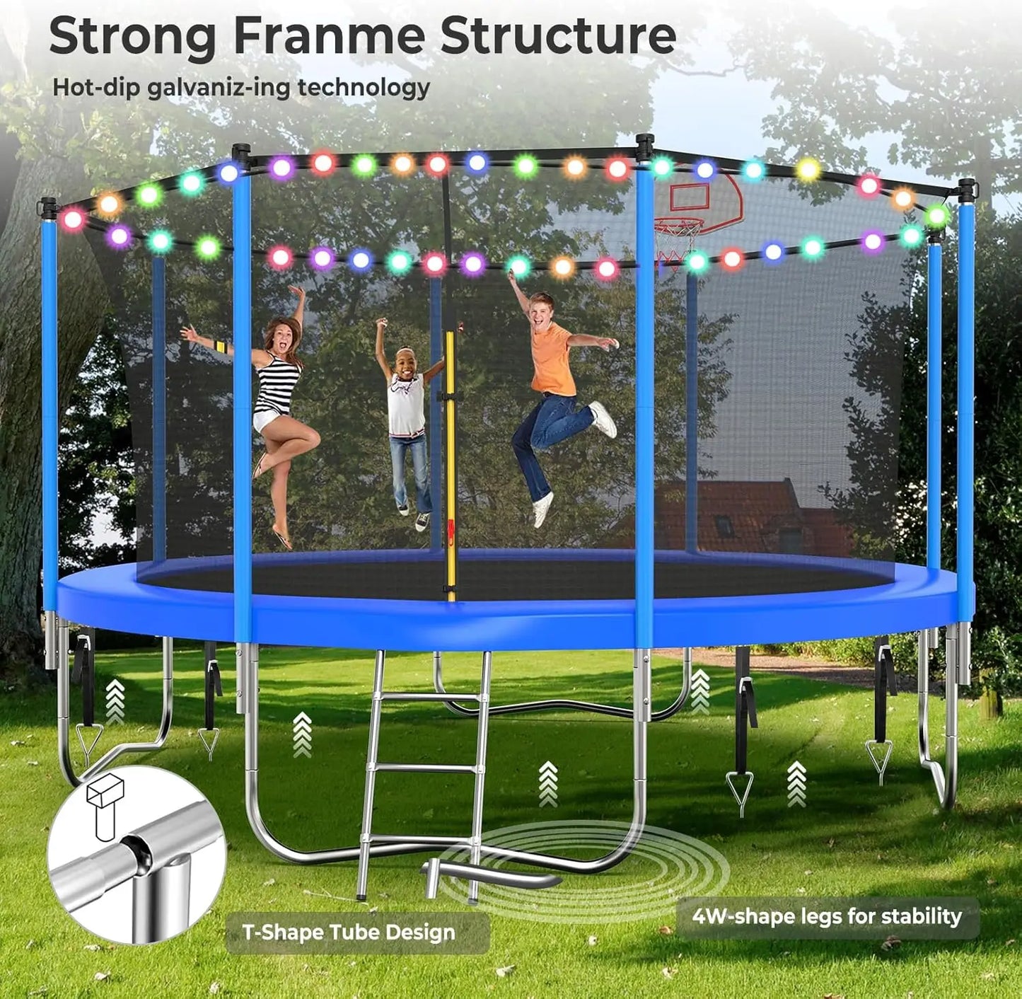 Large Kids Trampoline with Light, Stakes, Sprinkler