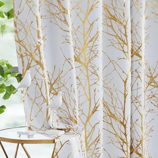 100% Blackout Curtains White Gold Tree